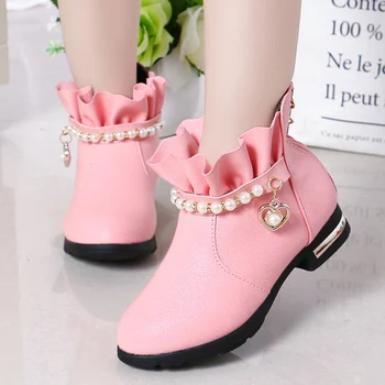 2021 Зимни розови зимни обувки за момичета от 5 до 15 години, големи и Малки, Детски Обувки на Принцесата на Платформа с метална декорация, мека кожена обувките на квадратен ток 1