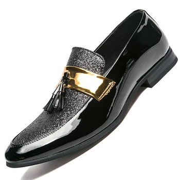 Мъжки Официалната обувки, черни кожени лоферы с пайети, офис обувки с остри пръсти, италиански сватбени модела обувки, Сребриста социална обувки, размер 38-47 евро 1