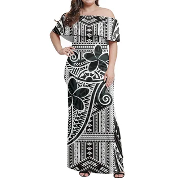 Черно-бяло женствена рокля, лятно Секси Дълга рокля в голям Размер, с открити рамене, Полинезия, tribal Модел, татуировка, Дълга пола 1
