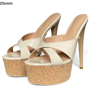 Olomm/дамски сандали-чехли ръчна изработка на платформа от лачена кожа на Много висок ток с отворени пръсти; красиви бежови вечерни обувки; големи размери САЩ 5-20