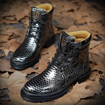2023 Мъжки обувки и Дизайнерски Есенните Модни Ботильоны с Кръгло бомбе и Змеиным Модел Мъжки Обувки за Пролетта Престрелки обувки за Почивка Кожени Къси ботуши 2