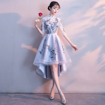 Елегантна Вечерна Рокля 2022 Мода Корейски Стил Отпред Кратко и Отзад Дълго Дантелено Рокля с Бродерия на Цветя Банкет Сватбена Рокля 2