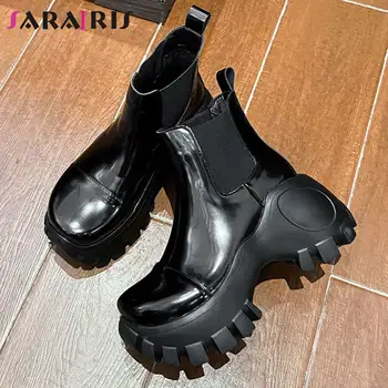 SaraIris/ Маркова новост; дамски обувки на танкетке с кръгло бомбе и платформа и Висок Ток без шнур; Модни и ежедневни дамски мотоциклетът обувки в стил пънк 2
