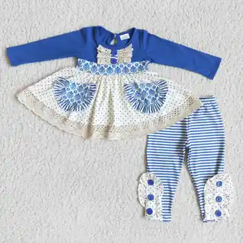 детски дрехи завързана дизайн на копчета с джобове, сини панталони на райета, есен-зима, 100% памук, 2 броя, дрехи за малките момичета, търговия на едро