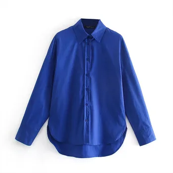 РГО & OYS & ZA Есен 2022, нова дамски реколта модни однобортная синя свободна и универсална риза от поплин с дълъг ръкав