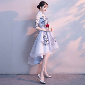 Елегантна Вечерна Рокля 2022 Мода Корейски Стил Отпред Кратко и Отзад Дълго Дантелено Рокля с Бродерия на Цветя Банкет Сватбена Рокля
